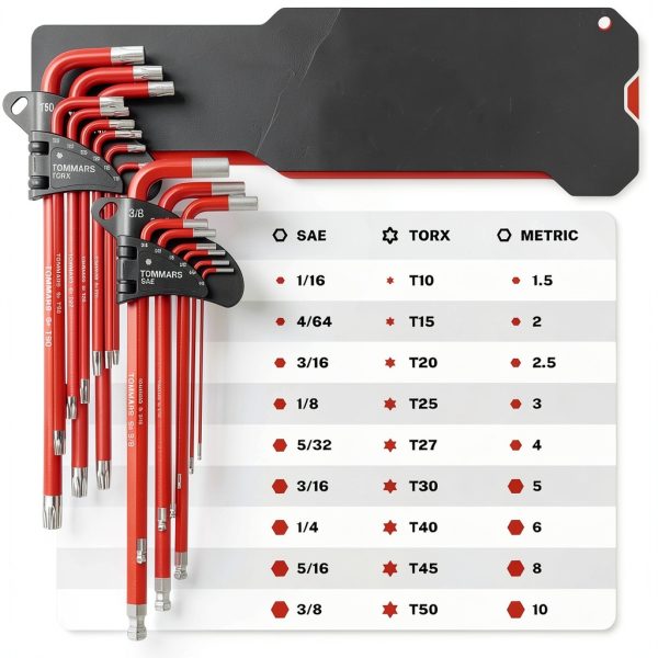 Hex Key Set TOMMARS Magnetic Ball End S2 Steel L-Shaped 27 Piece Red-1